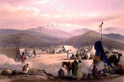 हेनरी ग्रेव्स द्वारा प्रकाशित चार्ल्स हाघे (1810-88) और लुई हाघे (1806-85) द्वारा उकेरी गई 'स्केच इन अफ़ग़ानिस्तान' से बोलन दर्रे के प्रवेश द्वार के साथ दादूर में एन्कैंपमेंट द्वारा जेम्स (बाद में) एटकिंसन