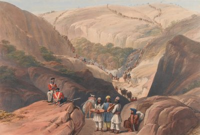 'द फर्स्ट डिसेंट थ्रू द कूजा [sic] पास', c.1839 (लिथोग्राफ, टिंटेड) द्वारा जेम्स (बाद में) एटकिंसन