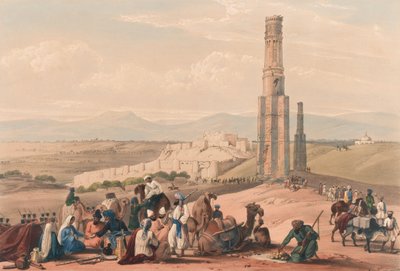 ग़ज़नी का किला और गढ़ [sic] और दो मीनारें, c.1839 (लिथोग्राफ, रंगा हुआ) द्वारा जेम्स (बाद में) एटकिंसन