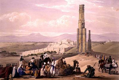 हेनरी ग्रेव्स द्वारा प्रकाशित चार्ल्स हाघे (1810-88) और लुई हाघे (1806-85) द्वारा उकेरी गई 'स्केच इन अफ़ग़ानिस्तान' से घुंज़ी का किला और गढ़ और दो मीनारें द्वारा जेम्स (बाद में) एटकिंसन