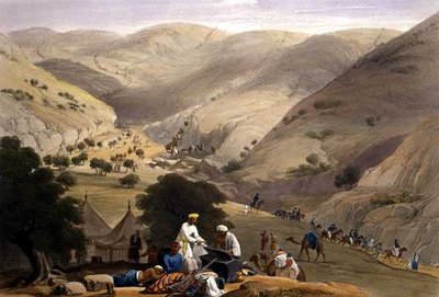 हेनरी ग्रेव्स द्वारा प्रकाशित चार्ल्स हाघे (1810-88) और लुई हाघे (1806-85) द्वारा उकेरी गई 'स्केच इन अफ़ग़ानिस्तान' से कूजा दर्रे का तीसरा वंश द्वारा जेम्स (बाद में) एटकिंसन