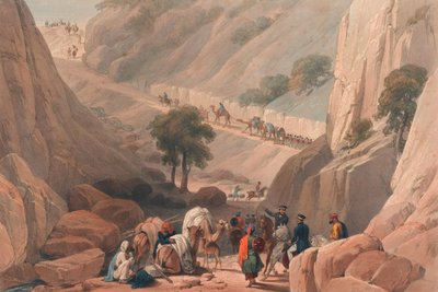 'कूजा [sic] दर्रे में अपवित्रता के संकीर्ण भाग से निकलने वाले सैनिक' द्वारा जेम्स (बाद में) एटकिंसन