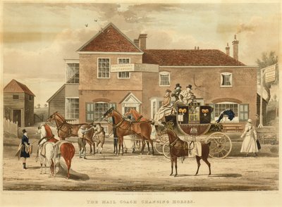 मेल कोच चेंजिंग हॉर्स, c.1825 (उत्कीर्णन) द्वारा जेम्स (बाद में) पोलार्ड