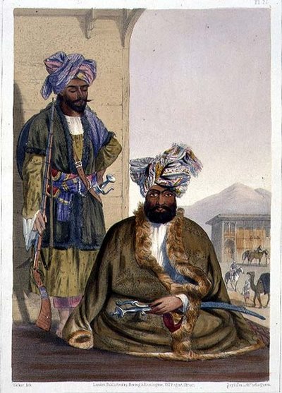 गुल मोहम्मद कौन, गिल्गीज़ के राजा, डब्ल्यूएलवॉकर द्वारा उकेरी गई 'सीनरी, इनहैबिटेंट्स एंड कॉस्ट्यूम्स ऑफ अफगानिस्तान' से प्लेट 25 द्वारा जेम्स (बाद में)
