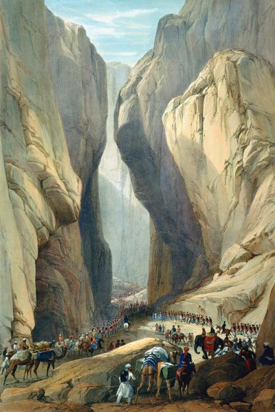 दादुर से बोलन दर्रे में प्रवेश करती ब्रिटिश सेना, प्रथम आंग्ल-अफगान युद्ध, 1838-1842 द्वारा जेम्स एटकिंसन