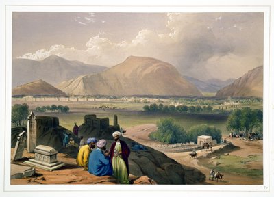 हेनरी ग्रेव्स द्वारा प्रकाशित चार्ल्स हागे (1810-88) और लुइस हागे (1806-85) द्वारा उत्कीर्ण &39;स्केच इन अफ्गहिस्तान ’में नॉर्थ-ईस्ट के माउंटेन रिज पर एक दफनाने वाले मैदान से काबुल द्वारा जेम्स एटकिंसन