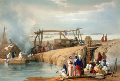1842 में सतलज नदी, पंजाब से पानी उठाता फारसी पहिया द्वारा जेम्स एटकिंसन