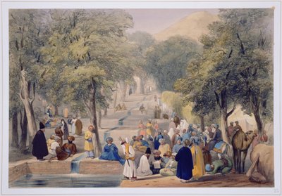 एवेन्यू में बाबर्स मकबरे, स्केचेस से अफ़ग़ानिस्तान में, चार्ल्स हागे (1810-88) और लुई हेघे (1806-85) द्वारा उत्कीर्ण, हेनरी ग्रेव्स, 1842 द्वारा प्रकाशित द्वारा जेम्स एटकिंसन