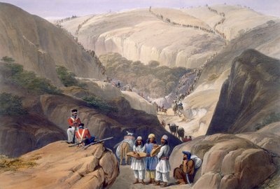 द फर्स्ट डिसेंट थ्रू द कूजा पास, &39;स्केचेस इन अफ्घिस्तान&39; में, चार्ल्स हागे (1810-88) द्वारा उत्कीर्ण और लुई हेघे (1806-85) हेनरी ग्रेव्स द्वारा प्रकाशित, 1842 द्वारा जेम्स एटकिंसन