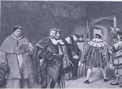 किंग हेनरी VIII द्वारा कार्डिनल वोल्सी का खारिज, वेस्ले बुक कंपनी द्वारा प्रकाशित ब्रिटिश लोगों के कैसल्स इतिहास से, c.1950s द्वारा जेम्स ड्रोमगोले लिंटन