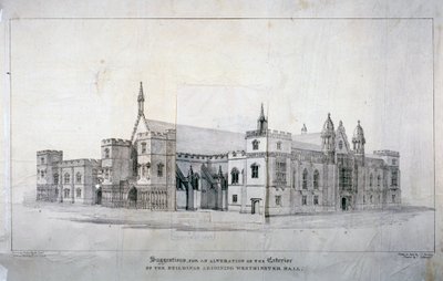 वेस्टमिंस्टर हॉल, लंदन, c1825 से सटे भवनों में परिवर्तन के लिए सुझाव। द्वारा जेम्स डफ़िल्ड हार्डिंग