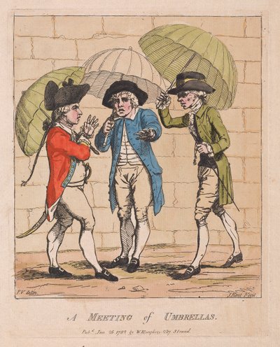अम्ब्रेला की एक बैठक, पब। 1782 (हाथ के रंग का उत्कीर्णन) द्वारा जेम्स गिलियरे