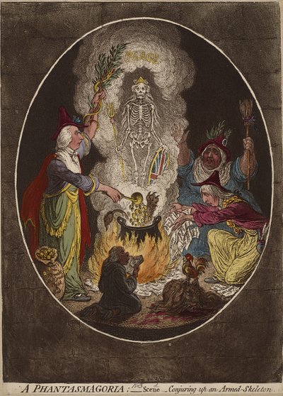 ए फैंटस्मोगोरिया; - दृश्य - एक सशस्त्र-कंकाल के साथ जुड़ना, जनवरी 5,1803 (हाथ में रंग का नक़्क़ाशी और वॉट पपी पर एक्वाटिंट) द्वारा जेम्स गिलियरे