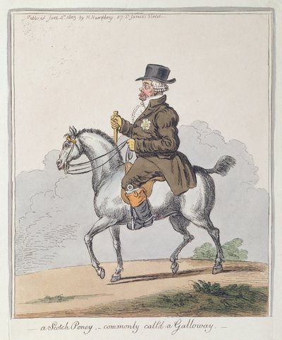 एक स्कॉच पोनी, जिसे आमतौर पर गैलोवे कहते हैं, 1803 में हन्ना हम्फ्री द्वारा प्रकाशित किया गया था (हाथ से रंग की नक़्क़ाशी द्वारा जेम्स गिलियरे