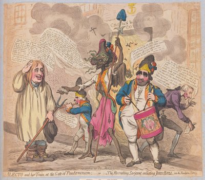 Alecto और उसकी ट्रेन Pandemonium के गेट पर या द रिक्रूटिंग सार्जेंट, जॉन बुल को क्रांति सेवा, पब में भर्ती कराती है। (हाथ के रंग की नक्काशी) द्वारा जेम्स गिलियरे