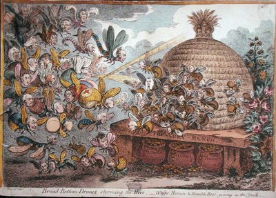 1808 में हन्ना हम्फ्री द्वारा प्रकाशित हाइव, वास्प्स, हॉर्नेट और बम्बल-बीज़ में शामिल होने वाले ब्रॉड बॉटम ड्रोन (हाथ से रंगी नक़्क़ाशी) द्वारा जेम्स गिलियरे