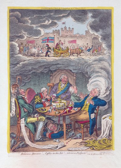 स्वादिष्ट सपने: हवा में महल! - शानदार संभावनाएँ! पब। 1808 (हाथ के रंग का उत्कीर्णन) द्वारा जेम्स गिलियरे