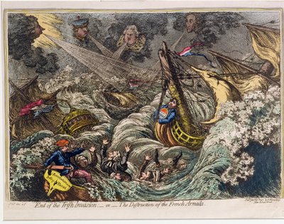 आयरिश आक्रमण का अंत, या फ्रांसीसी अर्मदा का विनाश, 1797 में हन्ना हम्फ्री द्वारा प्रकाशित (हाथ से रंगीन नक़्क़ाशी अंड एक्वाटिंट) द्वारा James Gillray