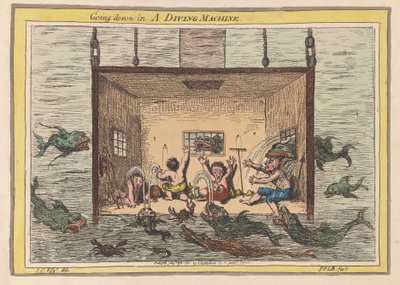 डाइविंग मशीन में नीचे जा रहा है, पब 1801 (हाथ के रंग का उत्कीर्णन) द्वारा जेम्स गिलियरे