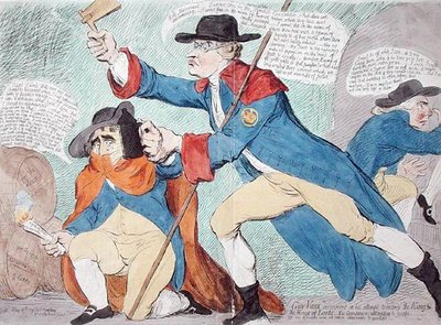 1791 में हन्ना हम्फ्री द्वारा प्रकाशित किंग एंड हाउस ऑफ लॉर्ड्स को नष्ट करने के प्रयास में गाइ वॉक्स की खोज की गई (हाथ से रंगी हुई नक़्क़ाशी) द्वारा जेम्स गिलियरे