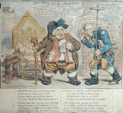 जॉन बुल एंड द अलार्मिस्ट, 1803 में हन्ना हम्फ्री द्वारा प्रकाशित (हाथ से रंगी हुई नक़्क़ाशी) द्वारा जेम्स गिलियरे