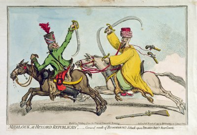 मामलूक एट हुसार्ड रिपब्लिकन, या इब्राहिम बेय (1735-1817) रियर गार्ड पर बोनापार्ट के हमले का सामान्य परिणाम, 1799 में हन्ना हम्फ्री द्वारा प्रकाशित (हाथ से रंगीन नक़्क़ाशी) द्वारा जेम्स गिलियरे
