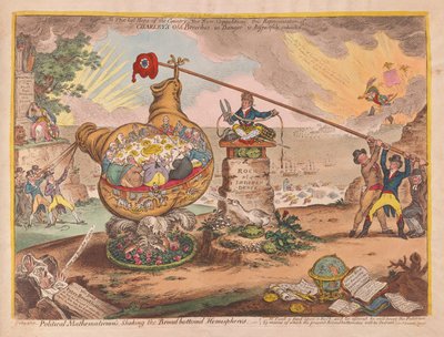 राजनीतिक गणितज्ञों ने बोर्ड को हिलाते हुए हेमिसफेरेस, पब को तराशा। 1807 (हाथ के रंग का उत्कीर्णन) द्वारा जेम्स गिलियरे
