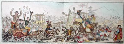 चुनाव के लिए पोस्टिंग: ब्रेंटफोर्ड के लिए सड़क पर एक दृश्य, 1806 में हन्ना हम्फ्री द्वारा प्रकाशित (हाथ से रंगी नक़्क़ाशी) द्वारा जेम्स गिलियरे