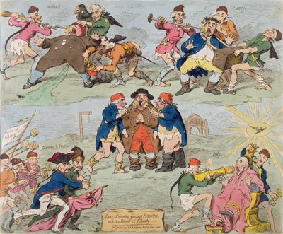 1793 में हैना हम्फ्रे द्वारा प्रकाशित सैंस-क्यूलोट्स फीडिंग ब्रेड ऑफ लिबर्टी के साथ यूरोप में प्रकाशित, (हाथ से रंगने वाली ईटिंग द्वारा जेम्स गिलियरे
