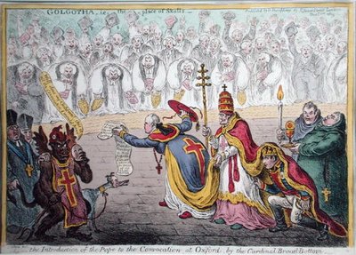 1809 में हन्ना हम्फ्री द्वारा प्रकाशित कार्डिनल ब्रॉड-बॉटम द्वारा ऑक्सफ़ोर्ड में दीक्षांत समारोह में पोप का परिचय (हाथ से रंगी नक़्क़ाशी) द्वारा जेम्स गिलियरे
