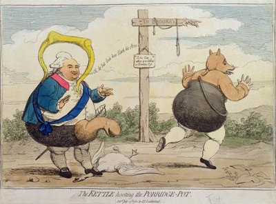 1782 में पीजे लेदरहेड द्वारा प्रकाशित द केटरिंग हूटिंग द पोर्रिज-पॉट द्वारा James Gillray