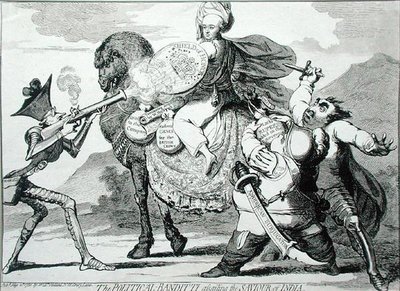 1786 में डब्ल्यू हॉलैंड द्वारा प्रकाशित द पॉलिटिकल बैंडिटि असैलिंग द सेवियर ऑफ इंडिया (नक़्क़ाशी) द्वारा जेम्स गिलियरे