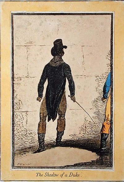 1795 में हन्ना हम्फ्री द्वारा प्रकाशित द शैडो ऑफ ए ड्यूक (हाथ से रंगी हुई नक़्क़ाशी) द्वारा जेम्स गिलियरे