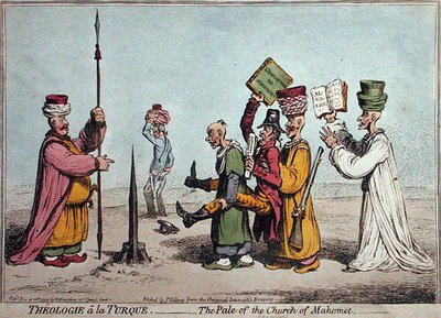 थियोलोजी ए ला टर्क, द पेल ऑफ़ द चर्च महोमेट, हन्ना हम्फ्री द्वारा 1799 में प्रकाशित (हाथ से रंगी हुई नक़्क़ाशी) द्वारा जेम्स गिलियरे