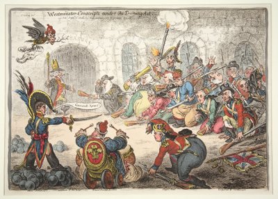 वेस्टमिंस्टर-प्रशिक्षण अधिनियम, 1806 के तहत लिपियों (हाथ के रंग की नक्काशी) द्वारा जेम्स गिलियरे