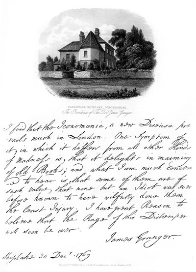 रेवरेंड जेम्स ग्रेंजर का एक पत्र, और शिप्पेक, 1769, 1840 में उनके निवास का एक दृश्य द्वारा जेम्स ग्रेंजर