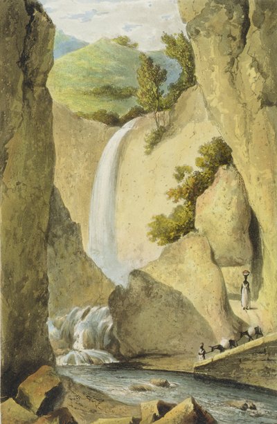थॉमसन सदरलैंड, 1824 द्वारा उकेरी गई &39;ए सुरम्य यात्रा जमैका के द्वीप से किंग्स्टन&39; के पास विंडवर्ड रोड पर झरना द्वारा जेम्स हकीविल