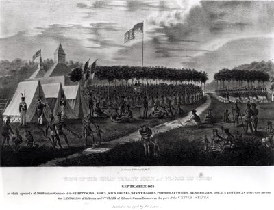 प्रैरी डु चिएन, विस्कॉन्सिन में 18 सितंबर, 1825 को &39;द एबोरिजिनल पोर्टफोलियो&39; से ग्रेट ट्रीटी हेल्ड का दृश्य द्वारा जेम्स ओटो लुईस