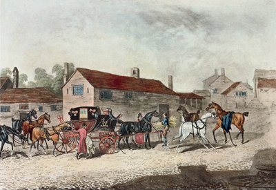 द मेल कोच चेंजिंग हॉर्स, 1815 में आर द्वारा जेम्स पोलार्ड