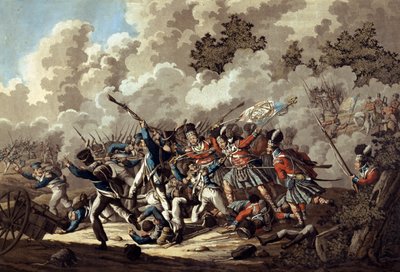 वाटरलू, 1815 (रंगीन जलीय) की लड़ाई के दौरान, हाईलैंडर्स, ला हाय सैंट द्वारा फ्रांसीसी गार्ड की हार द्वारा जान एंथोनी लैंगेंडीक