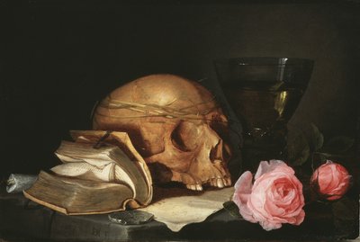 ए वैनिट्स स्टिल लाइफ विद ए स्कल, ए बुक एंड रोसेस, c.1630 द्वारा Jan Davidsz de Heem