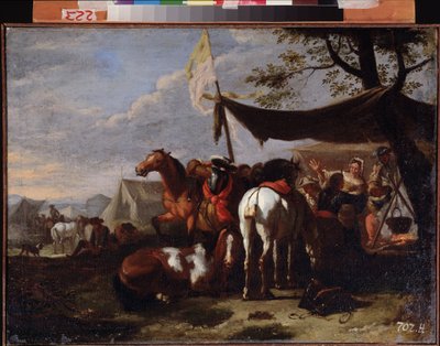 quot;ए कैवलरी कैंपquot; पेंटिंग जान फ्रैंस वैन ब्लोमेन (1662-1749) द्वारा 18वीं शताब्दी सुदूर पूर्वी कला संग्रहालय, खाबरोवस्क रूस द्वारा जान फ्रैंस वैन ब्लोमेन
