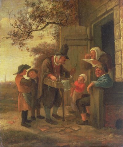 एक झोपड़ी के बाहर स्पेक्ट्रम बेचने वाला पेडलर, c.1650-53 (पैनल) द्वारा जान हविक्ज़ून स्टीन