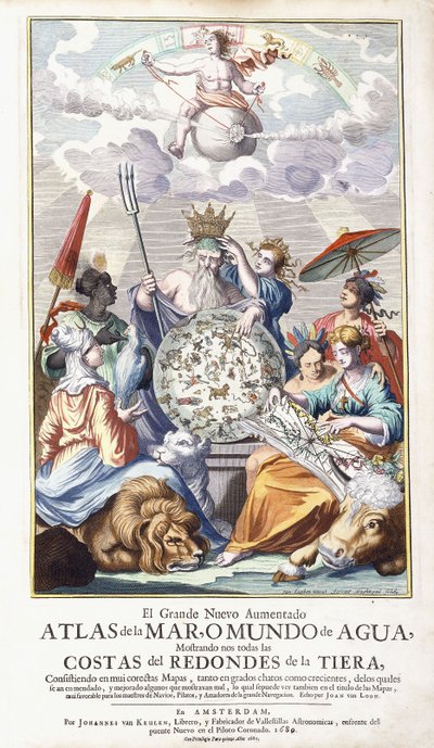 1680 के "द ग्रेट न्यू ऑगमेंटेड एटलस ऑफ़ द सी" से अल-औपनिवेशिक शीर्षक-पृष्ठ द्वारा जान लुइकेन