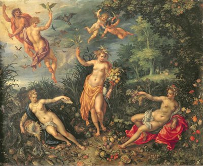 बहुतायत और चार तत्व, c.1606 (तांबे पर तेल) द्वारा जान और क्लर्क, एच। ब्रूघेल