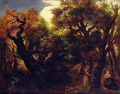 हैगर एंड द एंजल के साथ वुडेड लैंडस्केप द्वारा Jan the Elder Lievens