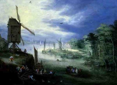 पवन चक्कियों के साथ रिवर लैंडस्केप (पैनल पर तेल) द्वारा जन यंगर ब्रुघेल