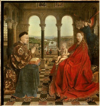 वर्जिन ऑफ चांसलर रोलिन निकोलस रोलिन (1376-1461) फिलिप ले बॉन के तहत बरगंडी के चांसलर और 1443 में हॉस्पिस डी ब्यूने के संस्थापक थे। जान वैन आइक (1390-1441) द्वारा पेंटिंग। 15वीं शताब्दी का सूर्य। 0,66x0,62 मीटर पेरिस, - चांसलर आर . का वर्जिन द्वारा जान वैन आईक