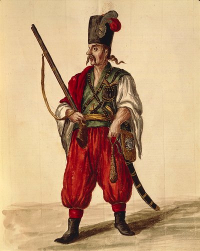 जन वैन ग्रेवेनब्रोक या जियोवानी ग्रीवेम्ब्रोक (1731-1807) द्वारा कैरबिनियर वर्दी, वेशभूषा की सचित्र पुस्तक, जल रंग से ग्लि डोने डी वेनेज़ियानी द्वारा जन वैन ग्रीवेनोबेक