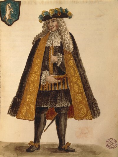 सार्डिनियन राजदूत, जन वैन ग्रेवेनब्रोक या जियोवानी ग्रीवेम्ब्रोक (1731-1807), ग्लि डोने डी वेनेज़ियानी द्वारा, वेशभूषा की सचित्र पुस्तक, जल रंग से द्वारा जन वैन ग्रीवेनोबेक
